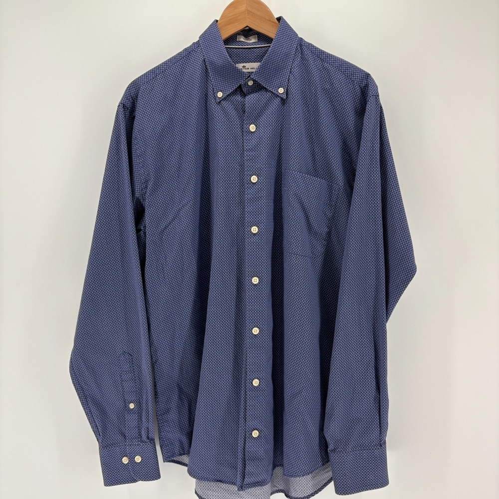 Peter Millar Crown Finish Geometric Dress Shirt Blue White Cotton Mens Large